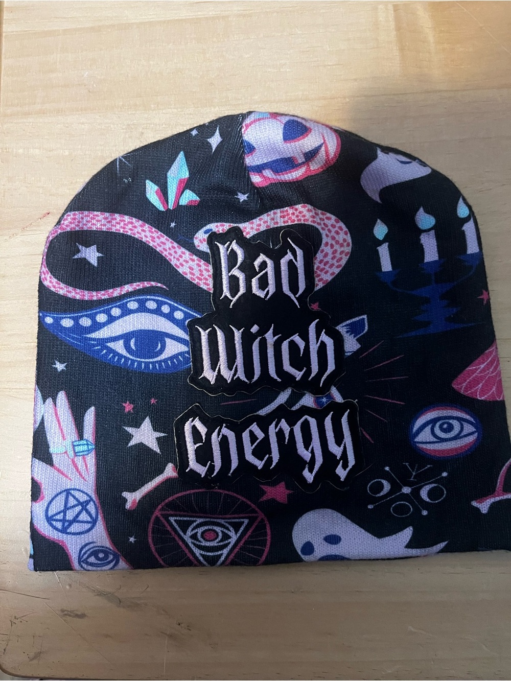 Source Unknown Black Beanie with Pink & Blue Occult Graphics
